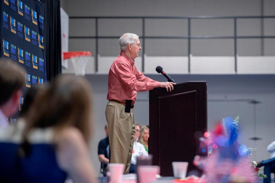 Senate Minority Leader Mitch McConnell (R-Ky.) speaks at the Graves County Republican Party Breakfast at WK&T Technology Park in Mayfield, Ky., on Saturday, Aug. 5, 2023. Ryan C. Hermens/rhermens@herald-leader.com
