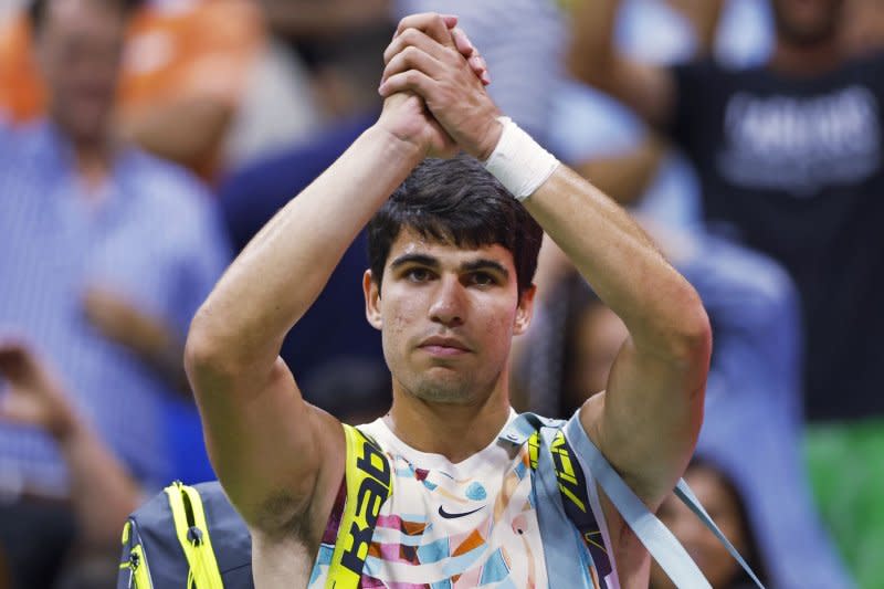 Carlos Alcaraz (pictured) of Spain beat Gael Monfils of France in straight sets at the 2024 Miami Open on Monday in Miami Gardens, Fla. File Photo by John Angelillo/UPI