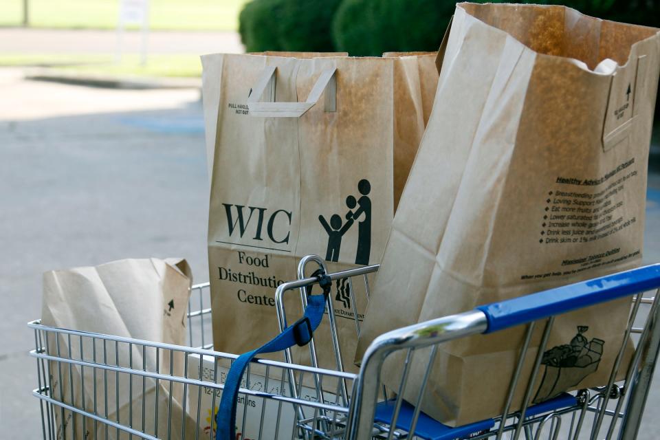 Grocery bags with food from the Special Supplemental Nutrition Program for Women, Infants and Children, WIC, sit in a shopping cart before being loaded into a vehicle in Jackson, Miss., Thursday, Oct. 3, 2013.