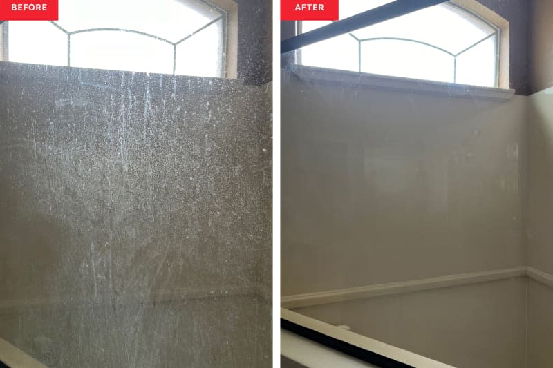 Glass shower door before and after being cleaned with dryer sheet.