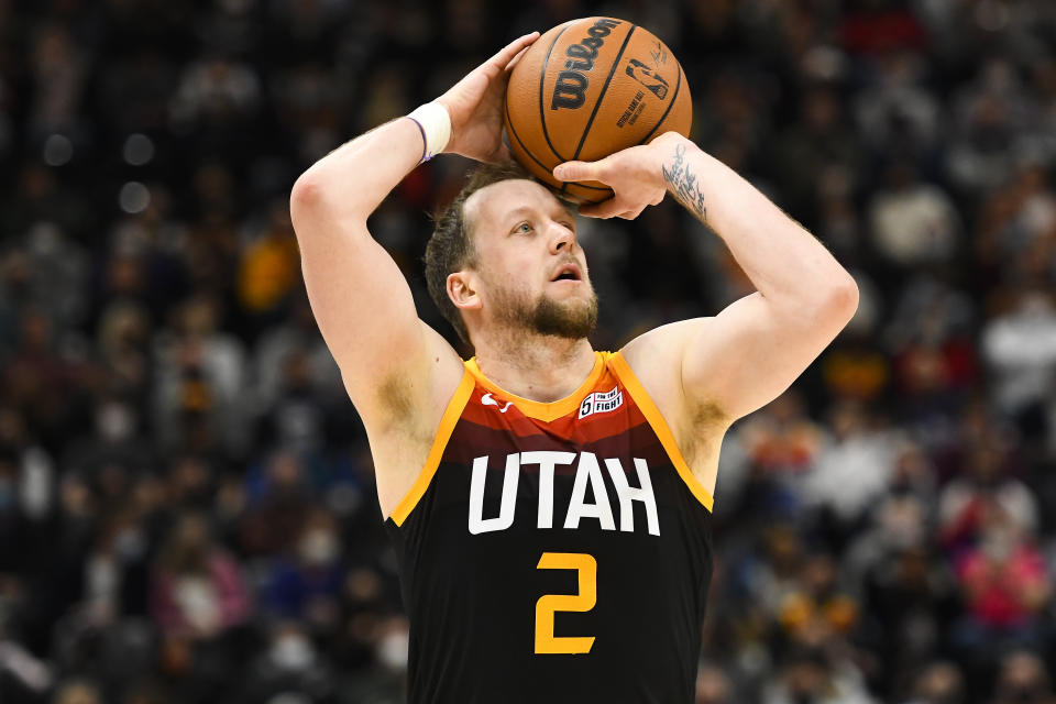 Seen here, Joe Ingles takes a jump shot for Utah in the NBA.