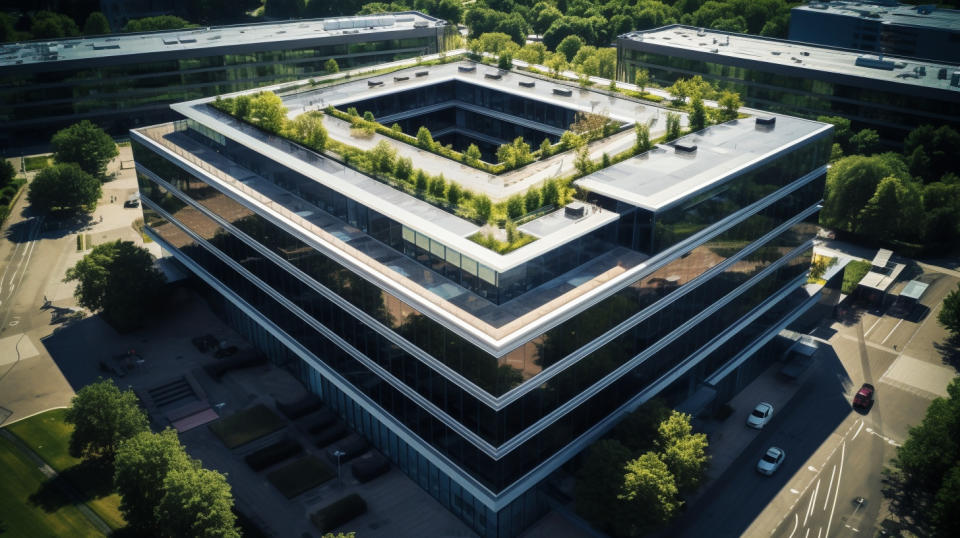 Aerial view of a modern office building, representing the industry of real estate and mortgage investments.