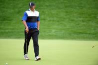 May 19, 2019; Bethpage, NY, USA; Brooks Koepka reacts on the 14th green during the final round of the PGA Championship golf tournament at Bethpage State Park - Black Course. Mandatory Credit: John David Mercer-USA TODAY Sports