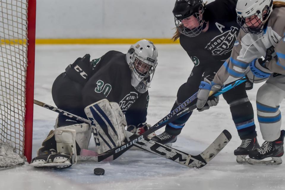 The Kingdom's goalie, Taylor Blaise makes a pad save during the Blades' 2-1 overtime loss to the South Burlington Wolves last week at Cairns Arena.