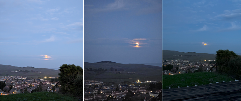 From left to right: A dusk shot taken with the Galaxy S24 Ultra (left), Pixel 8 Pro (middle), and iPhone 15 Pro Max (right). - Image: Florence Ion / Gizmodo