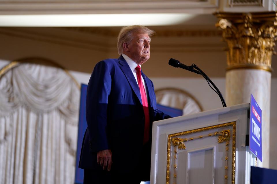 Former President Donald Trump speaks at his Mar-a-Lago estate Tuesday, April 4, 2023, in Palm Beach, Fla., after being arraigned earlier in the day in New York City.