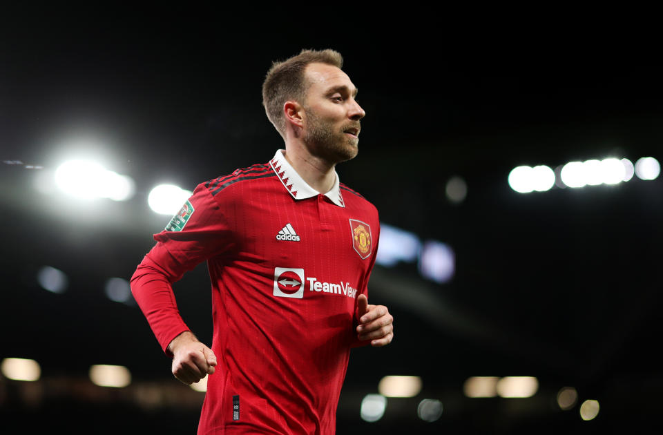 MANCHESTER, ENGLAND - DECEMBER 21: Christian Eriksen of Manchester United looks on during the Carabao Cup Fourth Round match between Manchester United and Burnley at Old Trafford on December 21, 2022 in Manchester, England. (Photo by Lewis Storey/Getty Images)