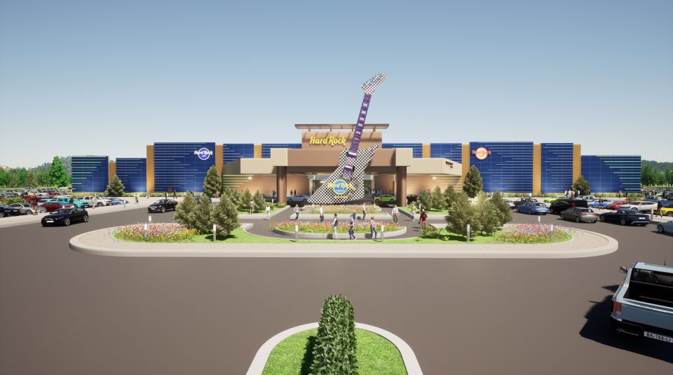 An artist's rendering of what the Hard Rock Casino Rockford, 7801 E. State St., expected to open in late summer 2024, will look like during the day.