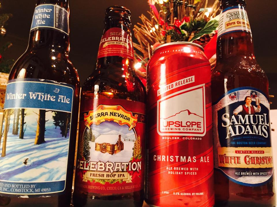 A selection of winter and holiday beers including Bell's Winter White Ale, Sierra Nevada's Celebration Fresh Hop Ale, Upslope Christmas Ale and Samuel Adams White Christmas.