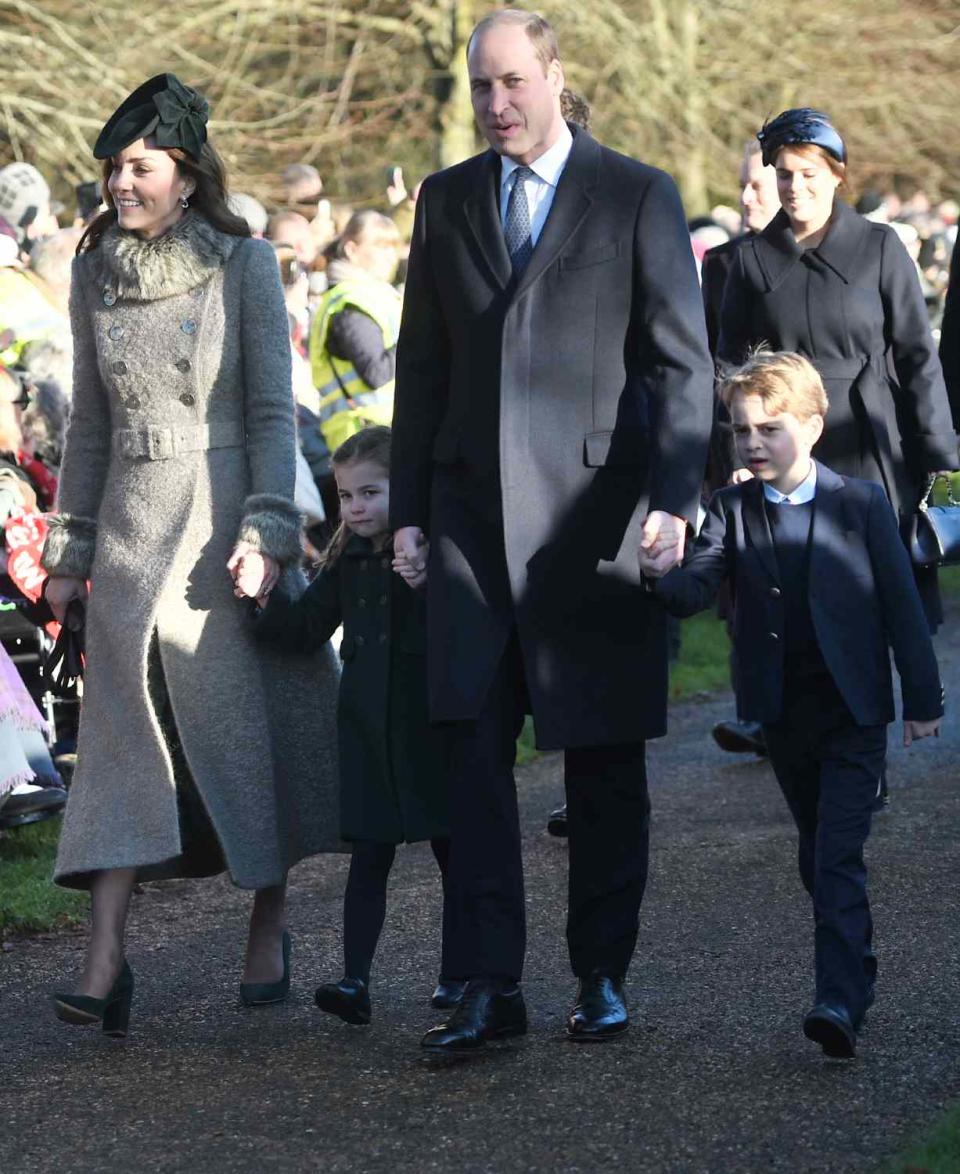 The Duke and Duchess of Cambridge and their children Prince George and Princess Charlotte arrive for the Christmas morning service at St Mary Magdalene Church in Sandringham, Norfolk. (Photo by Joe Giddens/PA Images via Getty Images)