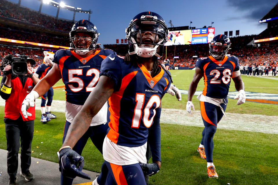 Jerry Jeudy hasn't received any punishment (yet) for his on-field outburst. (Photo by Jamie Schwaberow/Getty Images)