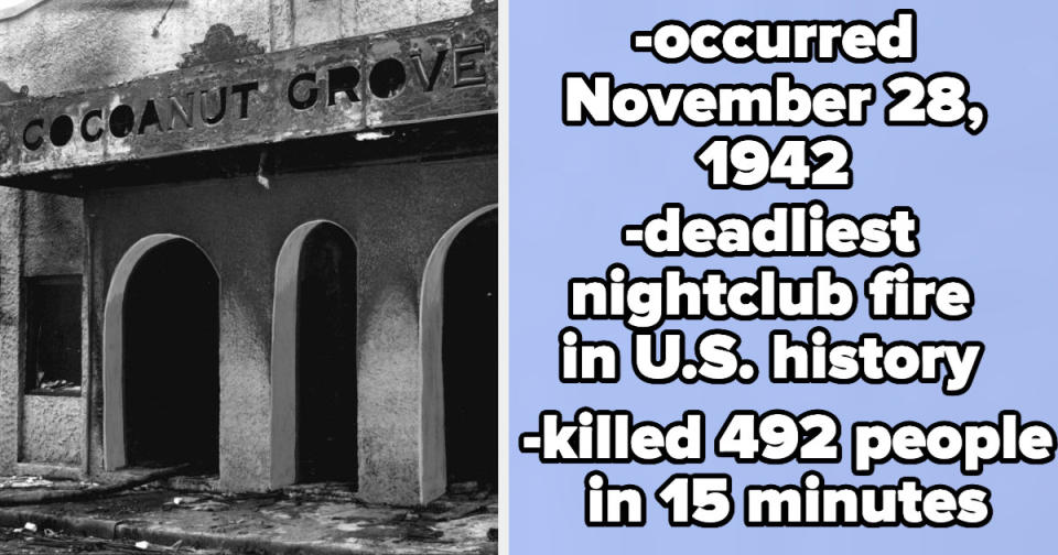 cocoanut grove night club after fire with facts like "occurred nov 28, 1942, deadliest nightclub fire in US history, and killed 492 people in 15 minutes"