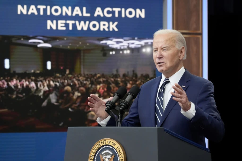 President Joe Biden speaks to the National Action Network Convention remotely from the South Court Auditorium of the White House, Friday, April 12, 2024, in Washington. (AP Photo/Alex Brandon)