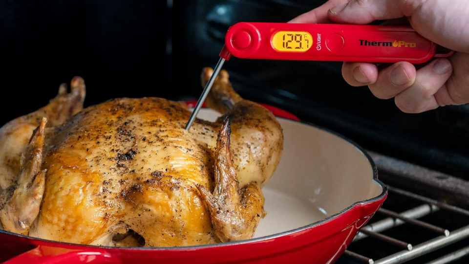 Hand checking chicken for doneness with a red Thermo Pro Kitchen thermometer