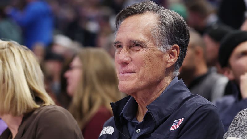 Sen. Mitt Romney watches a Utah Jazz game in Salt Lake City on Monday, Dec. 18, 2023.