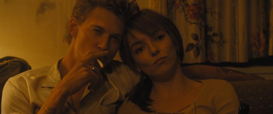 Austin Butler (left) as Benny and Jodie Comer as Kathy in "The Bikeriders," based on real Chicago-area motorcycle club members in the 1960s.