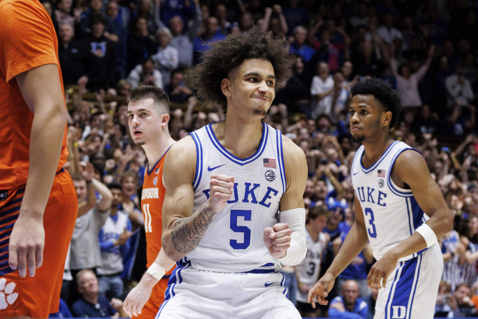 Duke's Tyrese Proctor (5) reacts after hitting a winning free throw during the second half of an NCAA college basketball game against Clemson in Durham, N.C., Saturday, Jan. 27, 2024. (AP Photo/Ben McKeown)