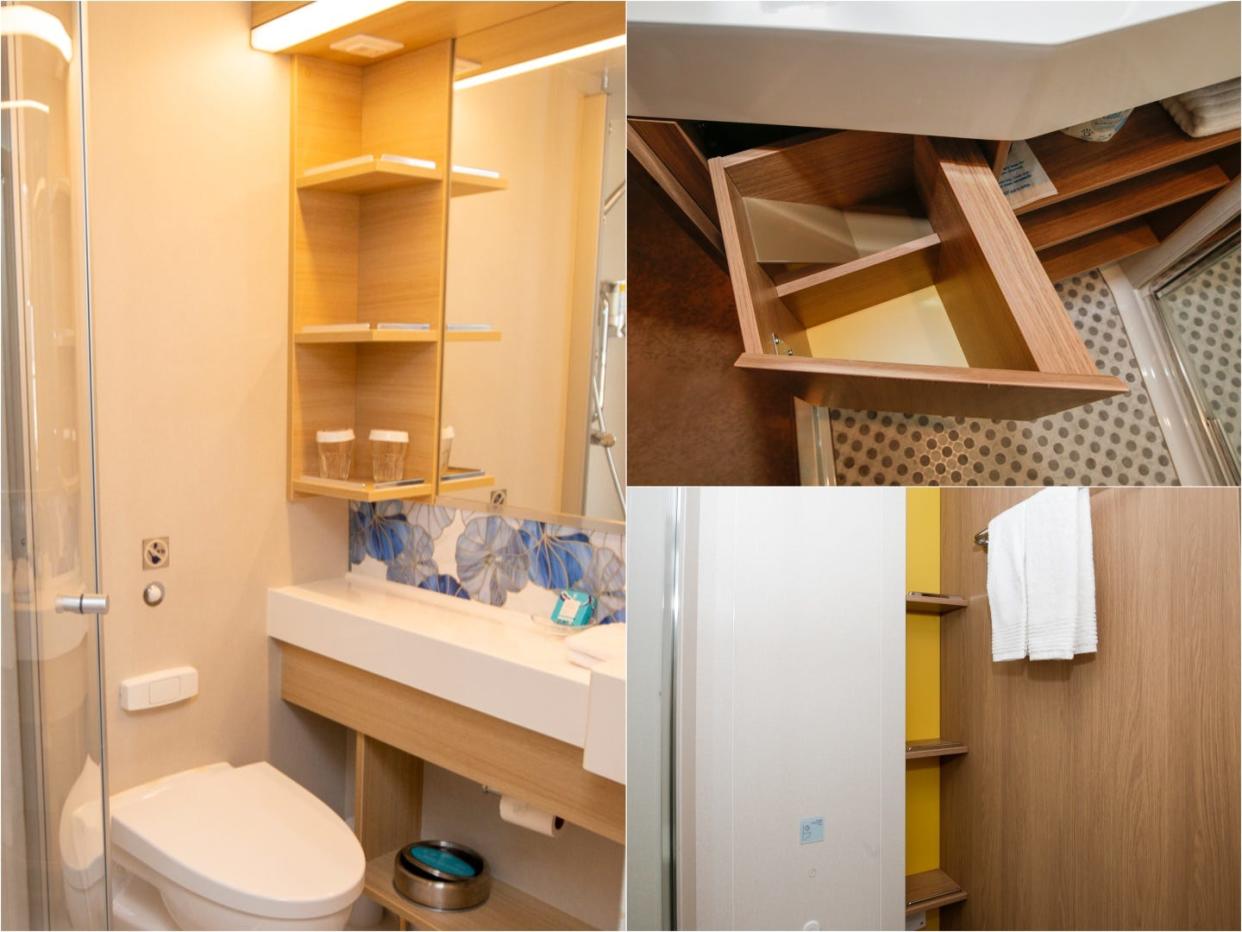 composite of 2 bathroom storage units on Wonder of the Seas, Icon of the Seas