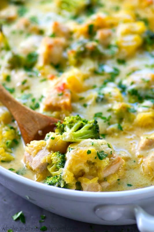 <p>Whole and Heavenly Oven</p><p>This cozy spaghetti squash bake is loaded with three kinds of cheese and tons of tender broccoli and chicken. You won’t even believe it’s so easy to make and healthy for you!</p><p><a href="http://wholeandheavenlyoven.com/2016/09/15/three-cheese-chicken-broccoli-spaghetti-squash-bake/" rel="nofollow noopener" target="_blank" data-ylk="slk:Get the recipe here!;elm:context_link;itc:0;sec:content-canvas" class="link "><em><strong>Get the recipe here!</strong></em></a></p>
