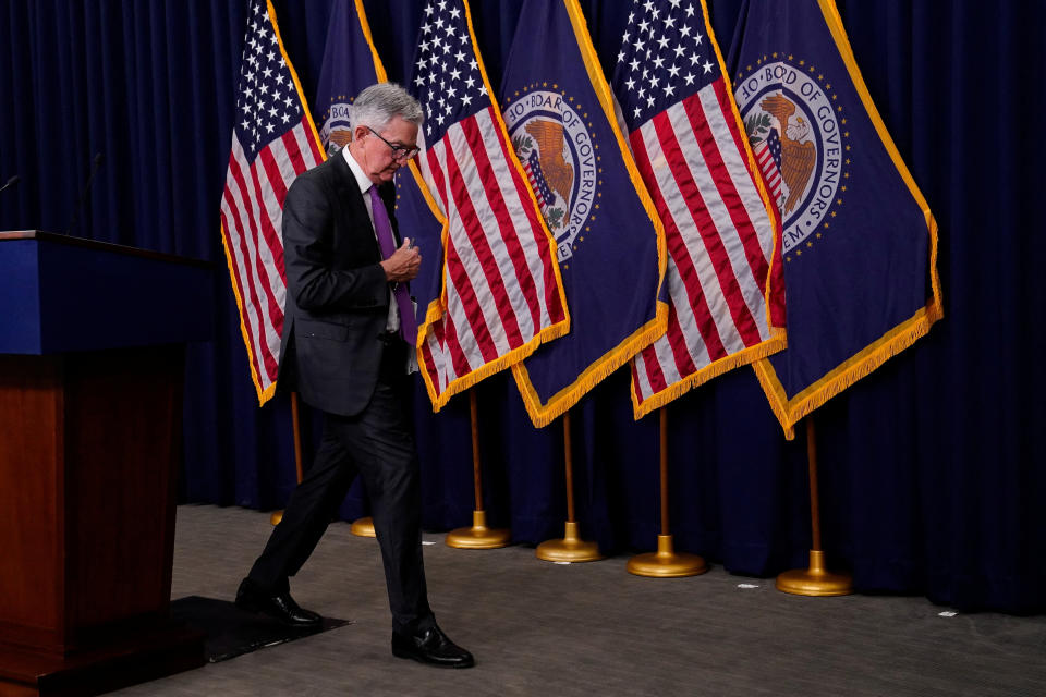 U.S. Federal Reserve Board Chairman Jerome Powell leaves a news conference following a closed two-day meeting of the Federal Open Market Committee on interest rate policy in Washington, U.S., July 26, 2023. REUTERS/Elizabeth Frantz