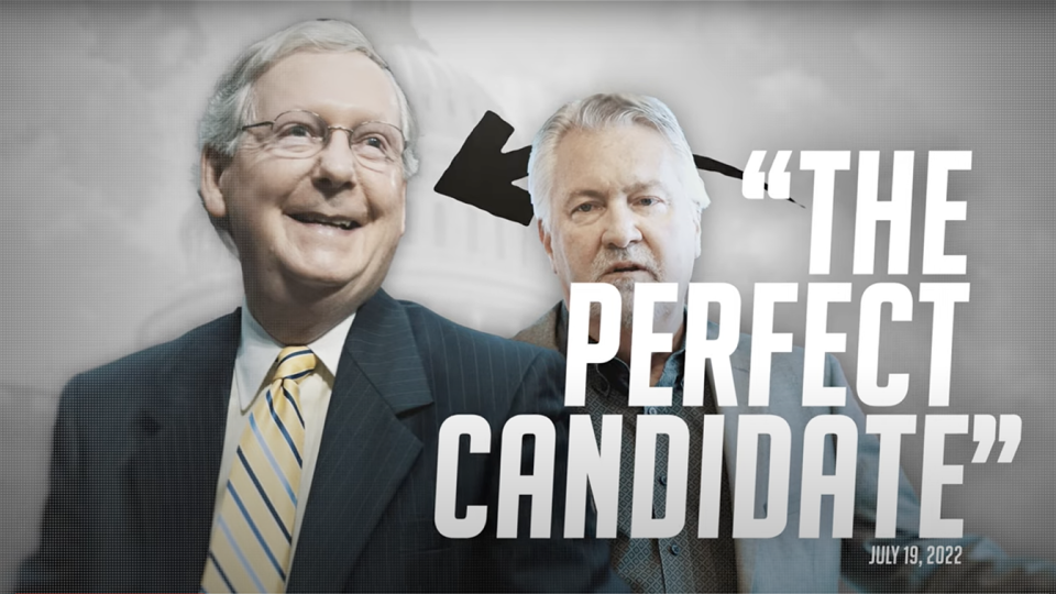 A still from Sen. Michael Bennet’s campaign ad showing Mitch McConnell and O'Dea with words: The Perfect Candidate, July 19, 2022