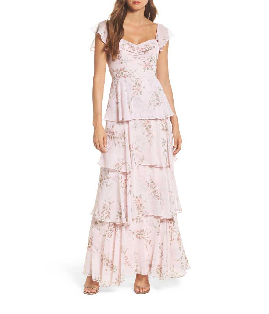 Rosy pink ruffle maxi dress. (Photo: Wayf/Nordstrom)