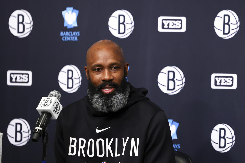 FILE - Brooklyn Nets' Jacque Vaughn speaks during a press conference before an NBA basketball game between the Brooklyn Nets and the Chicago Bulls Tuesday, Nov. 1, 2022, in New York. The Brooklyn Nets fired Jacque Vaughn on Monday, Feb. 19, 2024, after ending a disappointing first half of the season with a 50-point loss in Boston in their final game before the All-Star break. About a year after giving Vaughn a contract extension, the Nets changed course and said an interim coach would be named soon.(AP Photo/Jessie Alcheh, File)