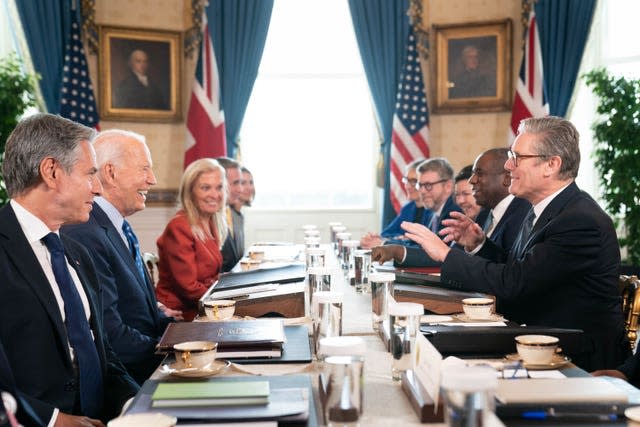 Antony Blinken (left) looks on during a meeting with US President Joe Biden (second left) Prime Minister Sir Keir Starmer (right) and Foreign Secretary David Lammy (second right) in the Blue Room at the White House in Washington DC