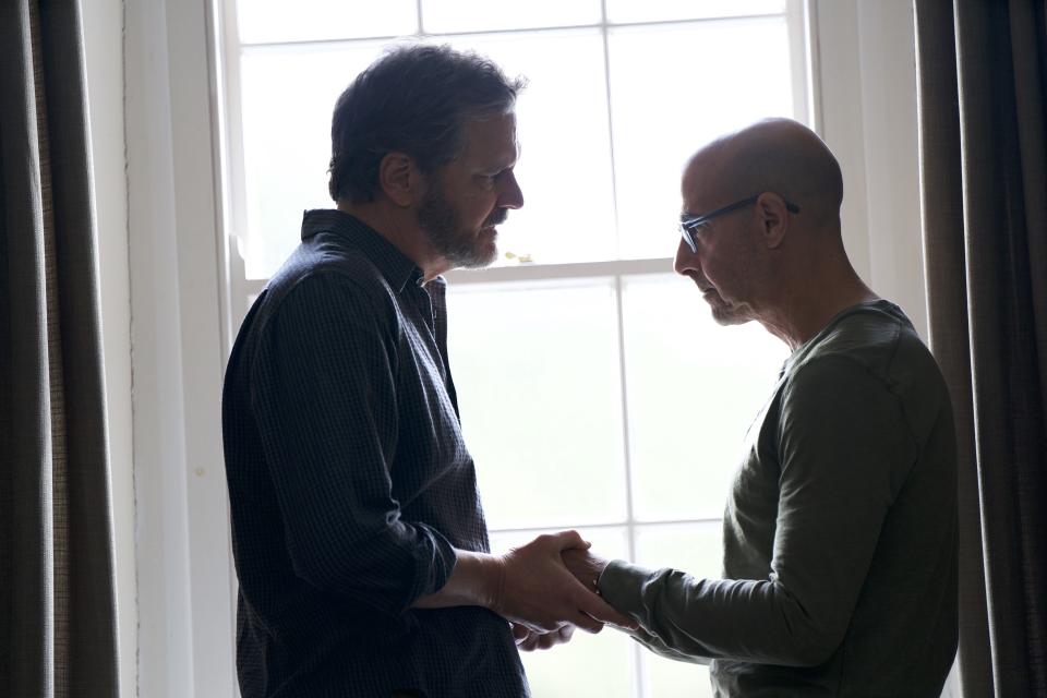 This image released by Bleecker Street shows Colin Firth, left, and Stanley Tucci in a scene from "Supernova." (Bleecker Street via AP)