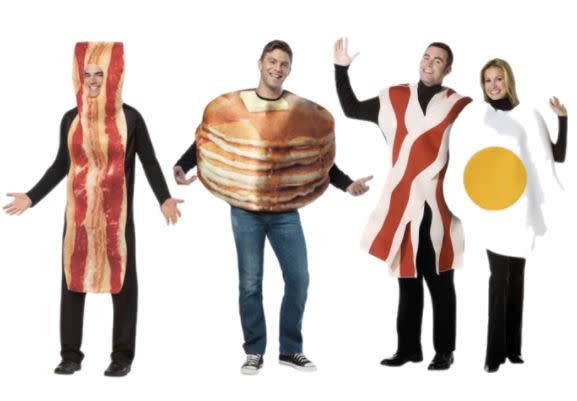 The tastiest group costume ever. Shop <a href="https://www.walmart.com/ip/Bacon-and-Eggs-Couples-Adult-Halloween-Costume/16890154" target="_blank">bacon and eggs couples costumes</a> here, <a href="https://www.walmart.com/ip/Adult-Stacked-Pancakes-Costume-Rasta-Imposta-6807/38677933?wmlspartner=wlpa&amp;selectedSellerId=2398&amp;adid=22222222227026712199&amp;wl0=&amp;wl1=g&amp;wl2=c&amp;wl3=55359453129&amp;wl4=pla-87865450329&amp;wl5=1022762&amp;wl6=&amp;wl7=&amp;wl8=&amp;wl9=pla&amp;wl10=113134950&amp;wl11=online&amp;wl12=38677933&amp;wl13=&amp;veh=sem" target="_blank">pancakes costumes</a> here, and <a href="https://www.walmart.com/ip/Bacon-Strip-Adult-Halloween-Costume/37408539?action=product_interest&amp;action_type=title&amp;beacon_version=1.0.2&amp;bucket_id=irsbucketdefault&amp;client_guid=d160efe2-6069-4508-8d65-3a891929624a&amp;config_id=105&amp;customer_id_enc&amp;findingMethod=p13n&amp;guid=d160efe2-6069-4508-8d65-3a891929624a&amp;item_id=37408539&amp;parent_anchor_item_id=30216313&amp;parent_item_id=30216313&amp;placement_id=irs-105-t1&amp;reporter=recommendations&amp;source=new_site&amp;strategy=PWVAV&amp;visitor_id=b_QcxGcBB4jE1QbO-0pDq4" target="_blank">bacon strip costumes here</a>.&nbsp;