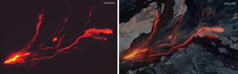 Left: Satellite imagery collected on Nov. 28, 2022, shows the new eruption and long lava flows moving along the northeast rift zone. Right: The same image composited with an overview of the volcano collected on July 15, 2022.