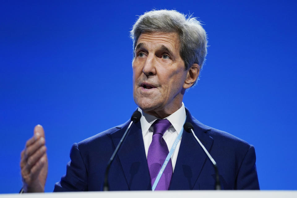 John Kerry, United States Special Presidential Envoy for Climate, speaks at an event about the "Global Methane Pledge" at the COP26 U.N. Climate Summit, Tuesday, Nov. 2, 2021, in Glasgow, Scotland. (AP Photo/Evan Vucci)