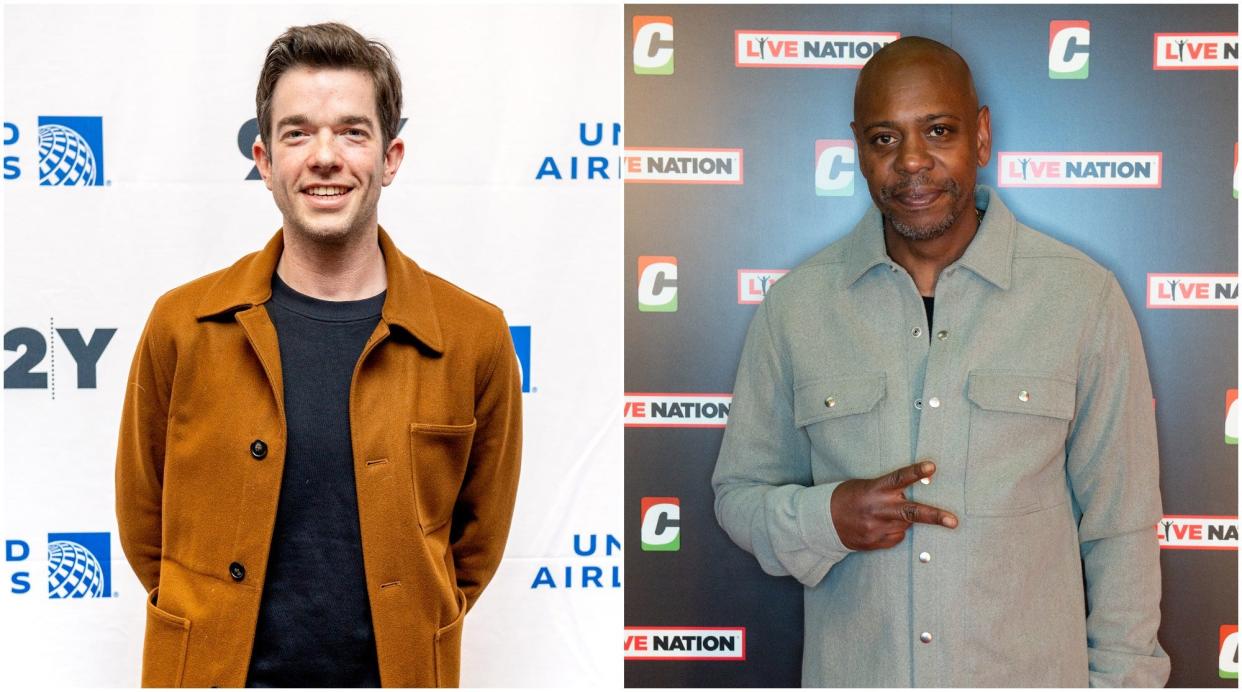 Side by side of John Mulaney in a brown jacket and Dave Chappelle in a green shirt