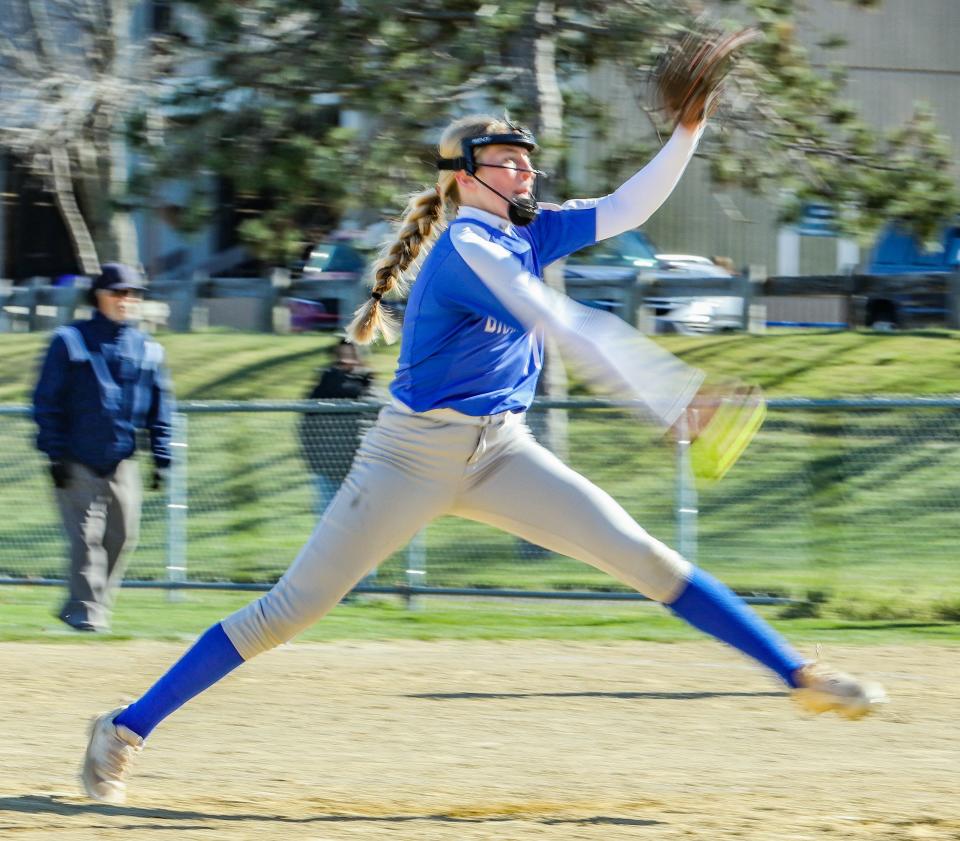 Braintree's Gabby Diaute delivers a pitch during a game against Milton on Monday, May 9, 2022.