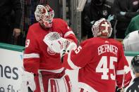 Detroit Red Wings goaltender Thomas Greiss (29) skates onto the ice to replace goaltender Jonathan Bernier (45) in the second period of an NHL hockey game against the Dallas Stars in Dallas, Tuesday, April 20, 2021. (AP Photo/Tony Gutierrez)