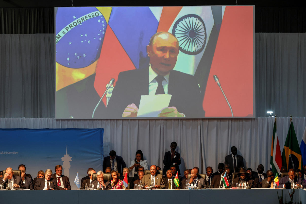 Russian President Vladimir Putin delivers remarks at a meeting during the 2023 BRICS Summit in Johannesburg on Aug. 24.