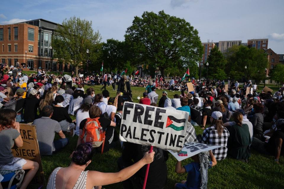 Several hundred protesters gathered on Ohio State University's South Oval on May 1, calling for Ohio State University to divest from businesses associated with Israel.