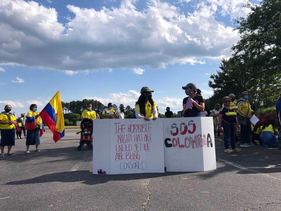 Raleigh’s Colombian community gathered at Villa Latina plaza on Chapanoke Road in Raleigh on Saturday, May 8, 2021, in support of anti-government protests that have swept their home country.