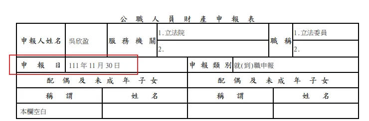 今年5月30日監察院公告的吳欣盈申報資料，其實是去年11月30日吳遞補時的申報資料。翻攝自廉政專刊第219期