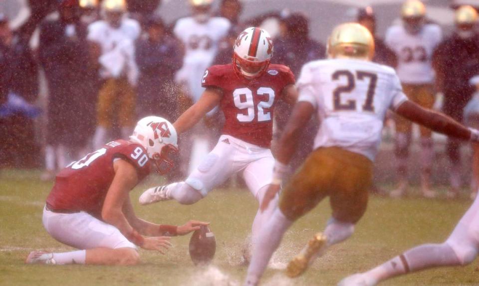 N.C. State’s Kyle Bambard (92) kicks a 38-yard field goal during the first half of the Wolfpack’s game against Notre Dame at Carter-Finley Stadium in Raleigh, N.C., Saturday, Oct. 8, 2016.