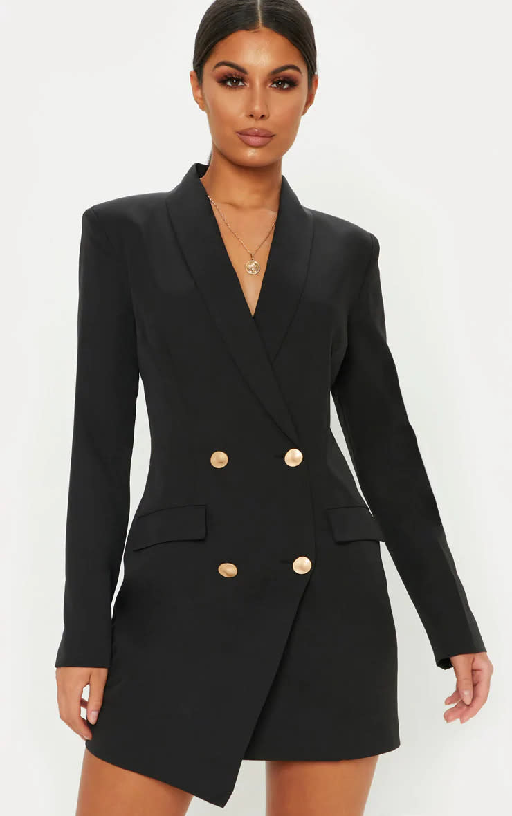 Pretty Little Thing Black Gold Button Blazer Dress 