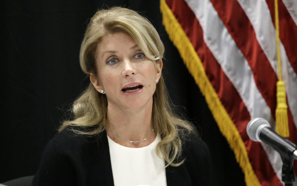 FILE - In this Jan. 9, 2014 file photo, Texas Sen. Wendy Davis speaks at an education roundtable meeting in Arlington, Texas. Davis, who has said she would support expanding gun rights, now says that includes allowing concealed handgun license holders to openly carry their weapons in public. (AP Photo/LM Otero, File)