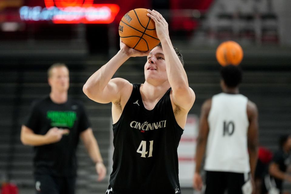 Cincinnati Bearcats guard Simas Lukošius (41) shoots during a preseason practice at Fifth Third Arena in Cincinnati on Tuesday, Oct. 3, 2023.