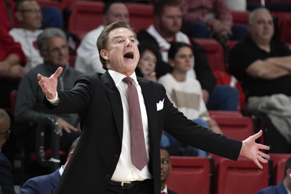 St. John's head coach Rick Pitino reacts during the first half of an NCAA college basketball game against Stony Brook, Tuesday, Nov. 7, 2023, in New York. (AP Photo/Seth Wenig)