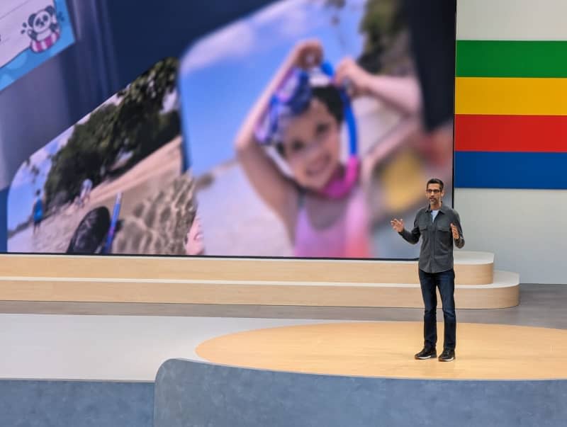 Google CEO Sundar Pichai speaks at Google I/O. At the developer conference, everything revolved around the topic of artificial intelligence (AI). Christoph Dernbach/dpa