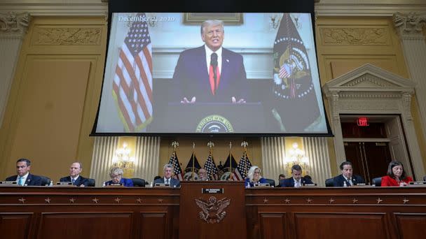PHOTO: A video of former President Donald Trump is played during a hearing by the House Select Committee to Investigate the January 6th Attack on the U.S. Capitol, Oct. 13, 2022, in Washington, DC. (Alex Wong/Getty Images)
