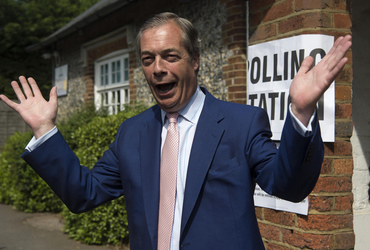 Brexit Party leader Nigel Farage arrives to cast his vote for the European Parliament elections at a polling station at the Cudham Church of England Primary School in Biggin Hill, Kent. (Photo by Kirsty O'Connor/PA Images via Getty Images)