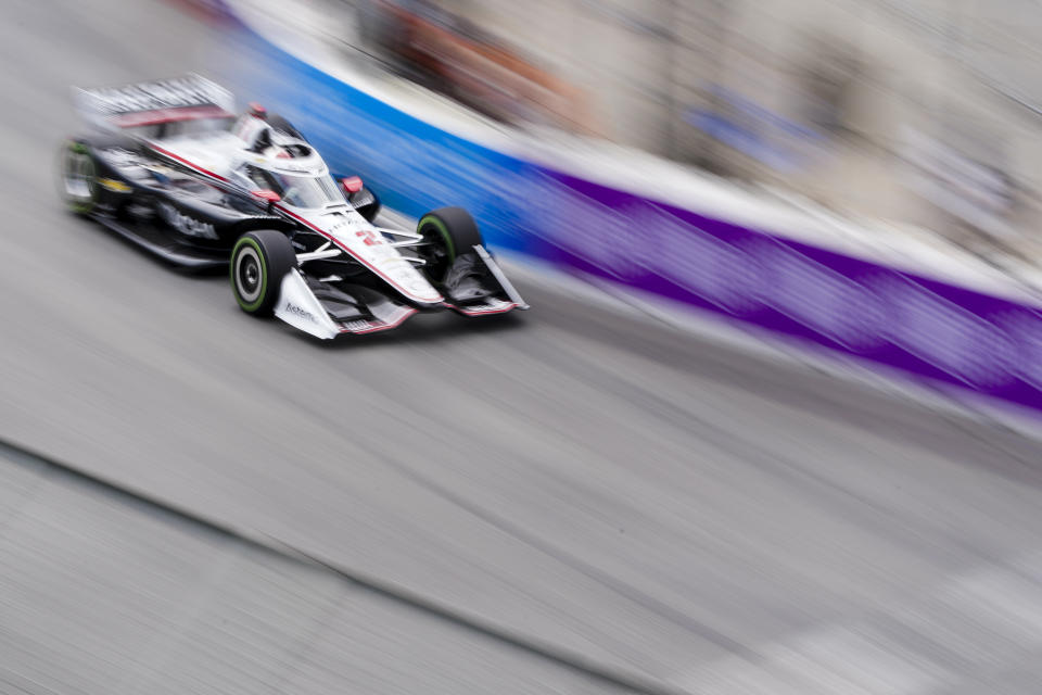 Team Penske driver Josef Newgarden races during a qualifying session for the IndyCar Grand Prix of Long Beach auto race Saturday, April 20, 2024, in Long Beach, Calif. (AP Photo/Ryan Sun)