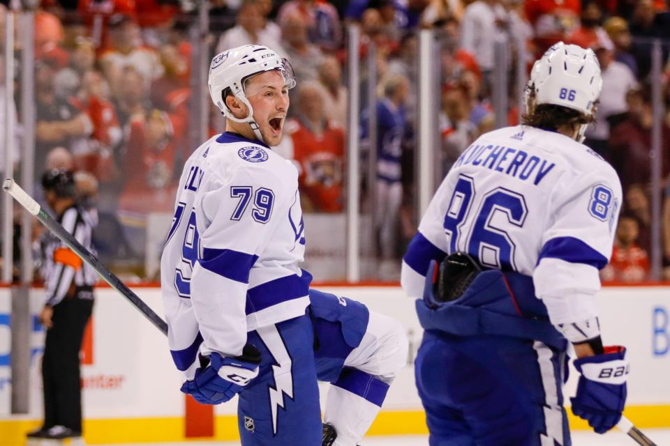 Lightning center Ross Colton (79) celebrates his game-winning goal late in the third period Thursday night in Sunrise.