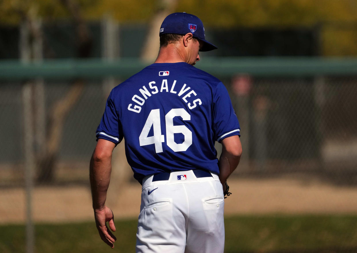 Dodgers pitcher Pedro Gonsalves during a workout.